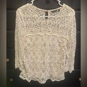 MASSIMO DUTTI Women’s Ivory Crocheted Lace Lined 3/4 Sleeve Blouse Top Size 6